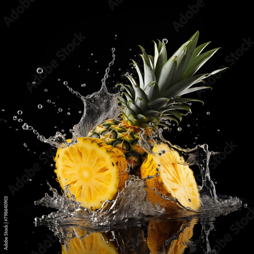 A pineapple with water splashing in it and water splashing out.