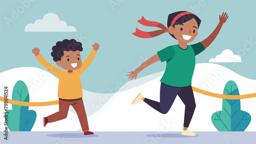 A young child holding their parents hand proudly crosses the finish line symbolizing the hope and promise for a better future.. Vector illustration