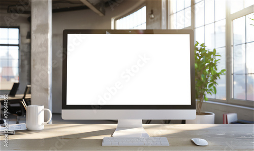 Blank computer screen on work desk in a light modern office photo