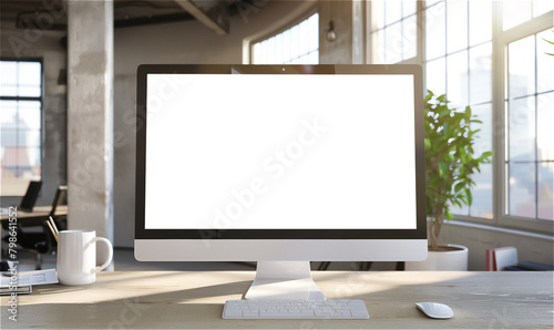 Blank computer screen on work desk in a light modern office