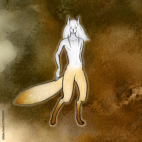 妖狐　狐の耳と尾と脚を持つ半身半獣の男性像　日本の伝承　狐の化身　妖怪イメージ　 photo