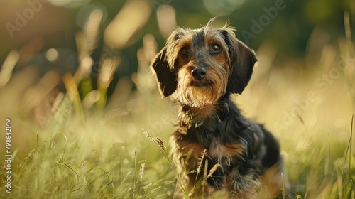 Wire haired dachshund standing on meadow with Kikuyo grass photo