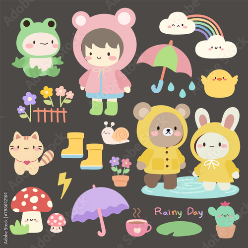 Cute cartoon weather in hand drawn style. Little girl,cat,frog,bear and rabbit on rainy day.