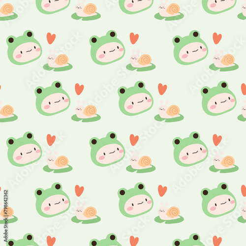 Kawaii cute seamless pattern with frog and little snail on soft green background