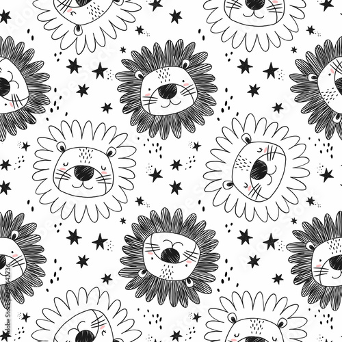 Cute kid's seamless pattern with pencil hand drawn lion smiling faces. Children's floral print. Stock baby illustration. Surface background and wallpaper design.