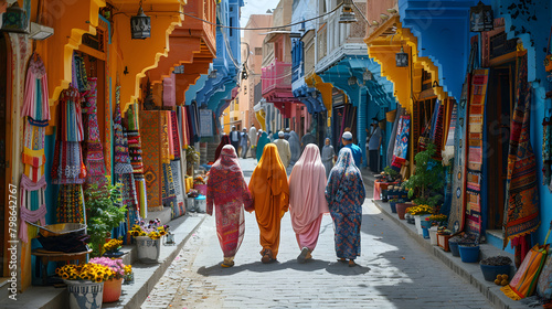 Back view of Muslim women walking in a colorful city, immersed in vibrant street scenes and cultural experiences. Journey through diversity and heritage in this authentic lifestyle travel.