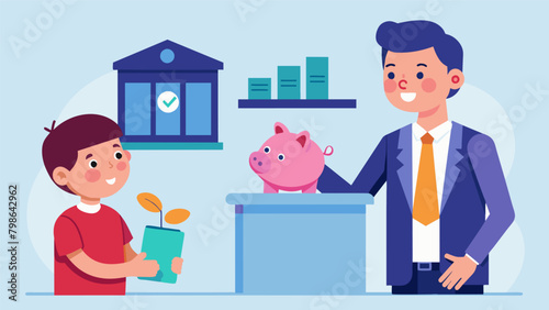 Inside the bank a financial advisor explains the importance of saving money to the child and helps him choose the right savings account for his