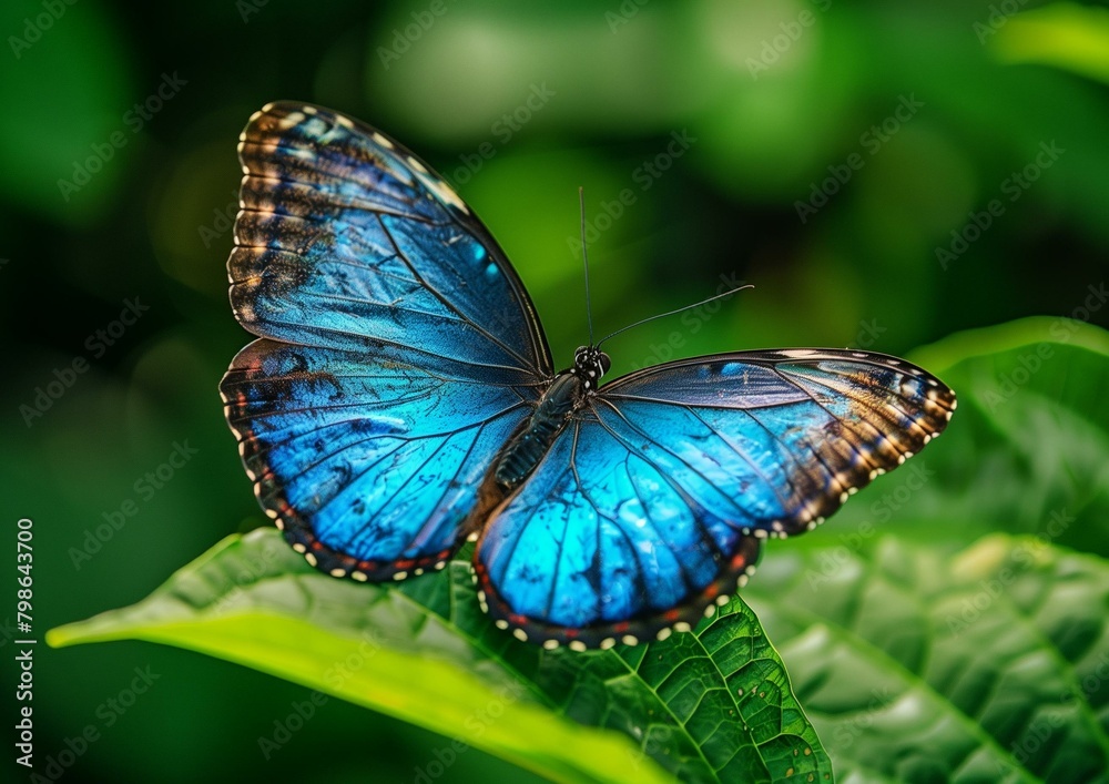 Vibrant Blue Morpho Butterfly Perched on Green Leaf Close-Up Vibrant Blue Morpho Butterfly Perched on Green Leaf Close-Up