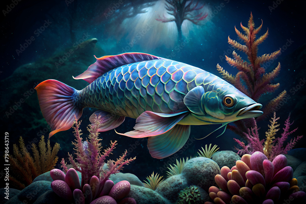 Arowana fish surrounded by beautiful coral Arowana fish surrounded by beautiful coral