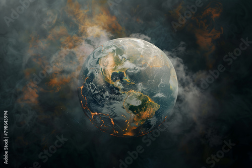 A digital illustration of Earth with visible distress signs like cracks and steam emanating from oceans, representing 