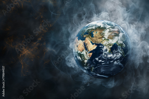 A digital illustration of Earth with visible distress signs like cracks and steam emanating from oceans, representing 