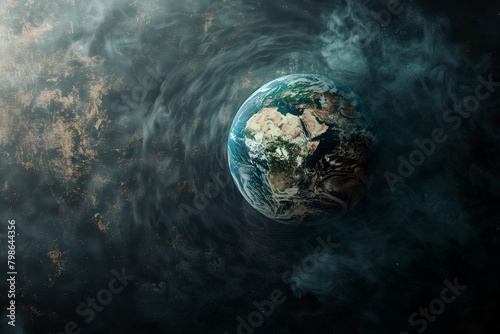 A digital illustration of Earth with visible distress signs like cracks and steam emanating from oceans, representing 