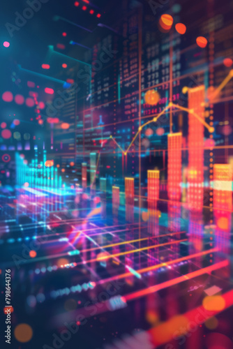 A futuristic financial graph features holographic lines, glowing bar charts, and digital data on an abstract background, representing a concept of stock market, business growth, data analysis. © Duka Mer