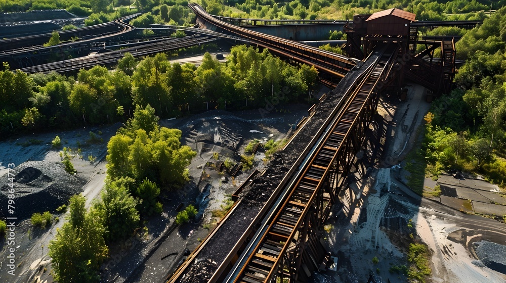 Fototapeta premium Industrial Conveyor Belt Adjacent to Recovering Green Landscape