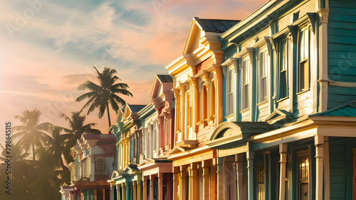 Colourful houses and palm trees on street © Alex Bur