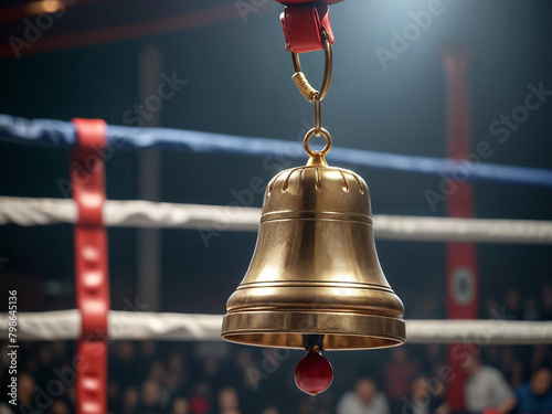 A golden bell is hanging from a red rope in a boxing ring
