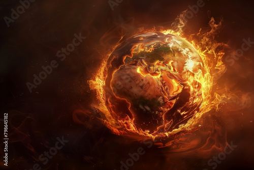 An artistic interpretation of "global boiling" with a globe wrapped in flames, set against a dark, ominous background. The globe shows realistic continents and oceans under fire, generative ai