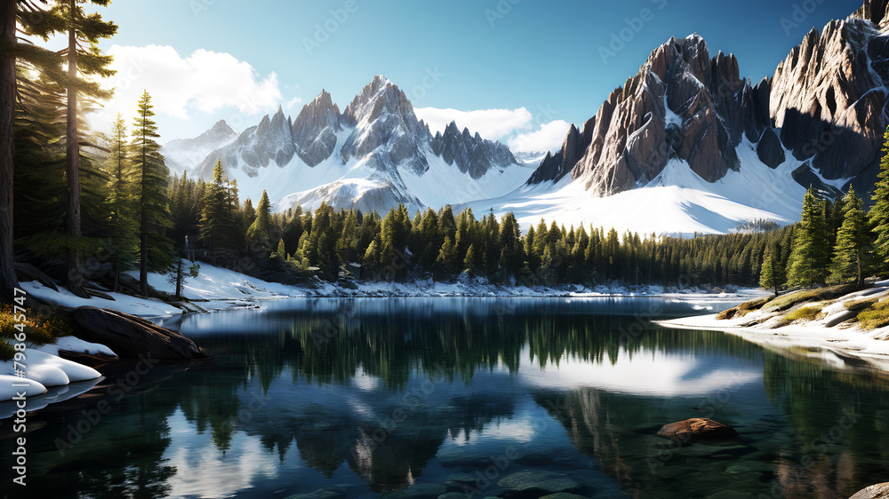 Fototapeta premium A breathtaking view of a snow-capped mountain reflected in a crystal-clear alpine lake, surrounded by pine forests and rugged cliffs