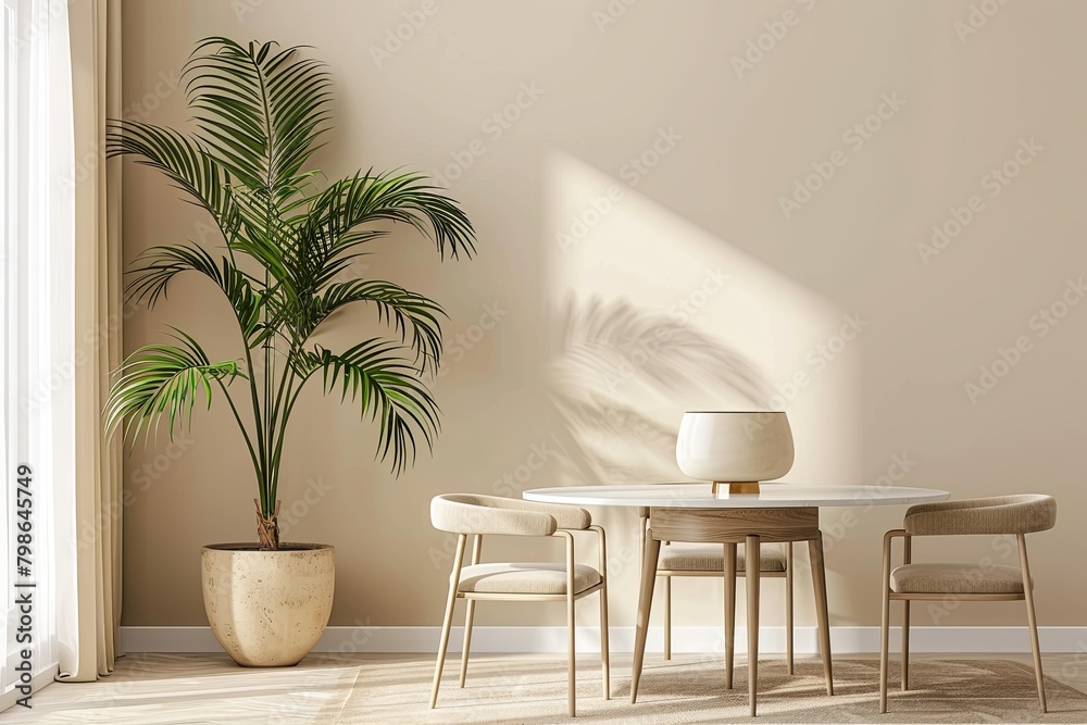 Fototapeta premium Elegant Modern Minimalist Apartment Dining Room with Potted Plant and Cozy Lamp
