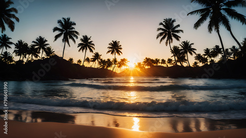 A breathtaking sunset over a tranquil beach  with golden light reflecting off the calm waves and silhouetting palm trees