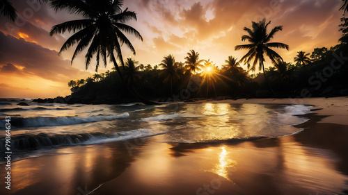 A breathtaking sunset over a tranquil beach  with golden light reflecting off the calm waves and silhouetting palm trees