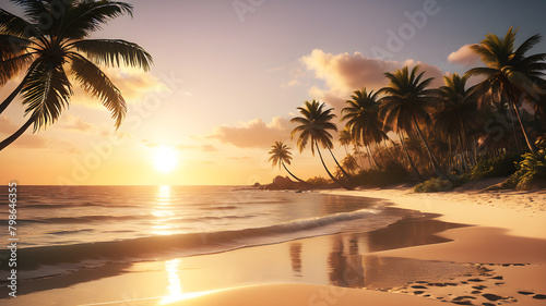 A breathtaking sunset over a tranquil beach  with golden light reflecting off the calm waves and silhouetting palm trees