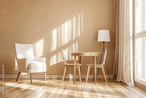 Modern Sleek Minimalist Apartment Dining Room with Wooden Flooring and Luxurious Chair opposing Stylish Lamp: Beige Wall Panorama Interior Design Scene