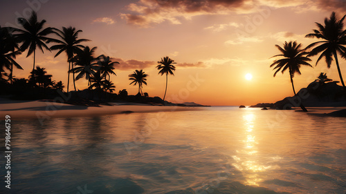 A breathtaking sunset over a tranquil beach, with golden light reflecting off the calm waves and silhouetting palm trees