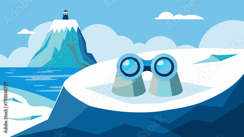 A pair of binoculars lay on the edge of the ice the friends occasionally picking them up to survey the vast white landscape before them.. Vector illustration