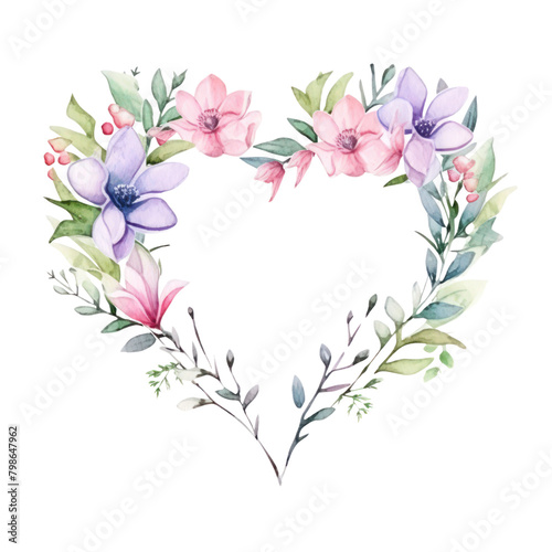 A watercolor painting of a heart-shaped wreath made of pink and purple flowers and green leaves.