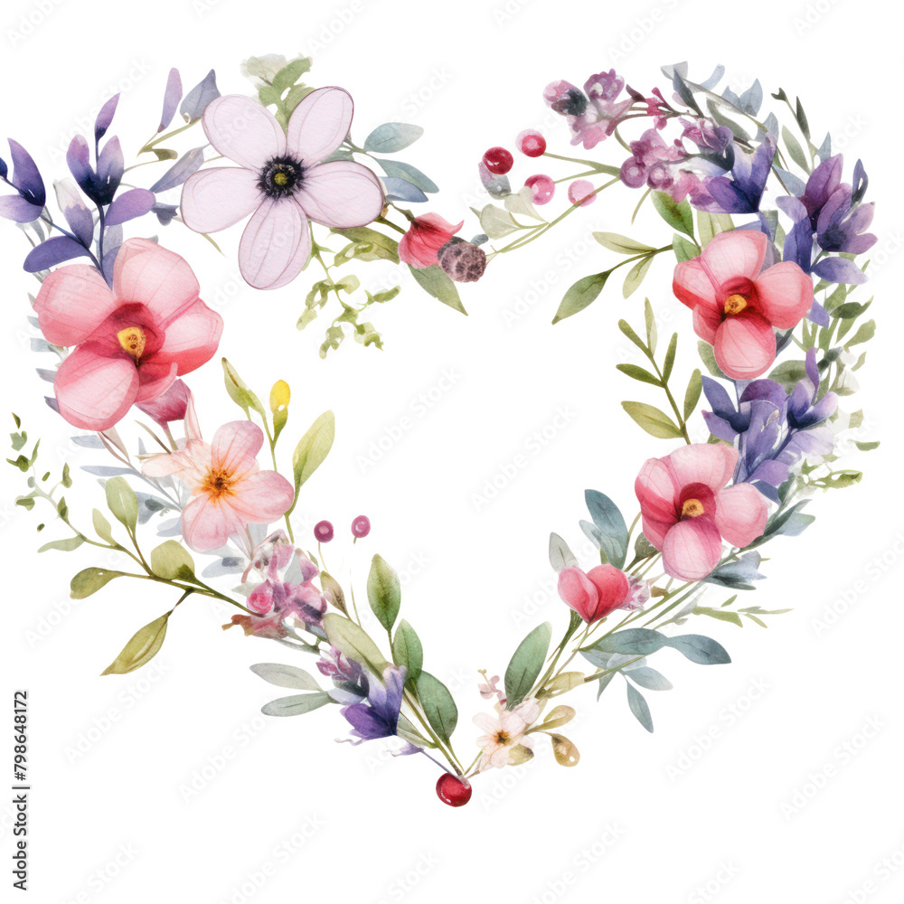 A watercolor painting of a heart-shaped wreath made of various flowers and greenery.