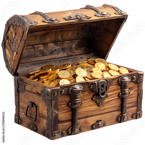 Treasure chest full of gold coins on isolated transparent background photo