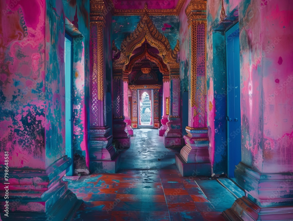 In the heart of mystical shadows, a wanderer interprets ancient symbols amidst Thai temples, revealing stories untold. POV captures the fusion of past and abstract visions., Space blue, violet, candy