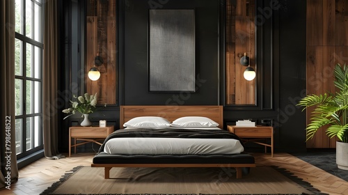 Dark home bedroom interior bed and nightstand with books and decoration, pillow and bed linen. Sleeping zone with stylish design. Mock up square canvas poster on black wall. 3D rendering ai generated 