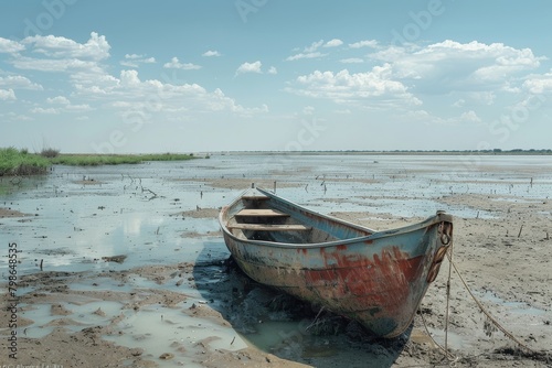  A weathered boat lies grounded on a vast mudflat under a dynamic sky  symbolizing the ebb and flow of the natural world.