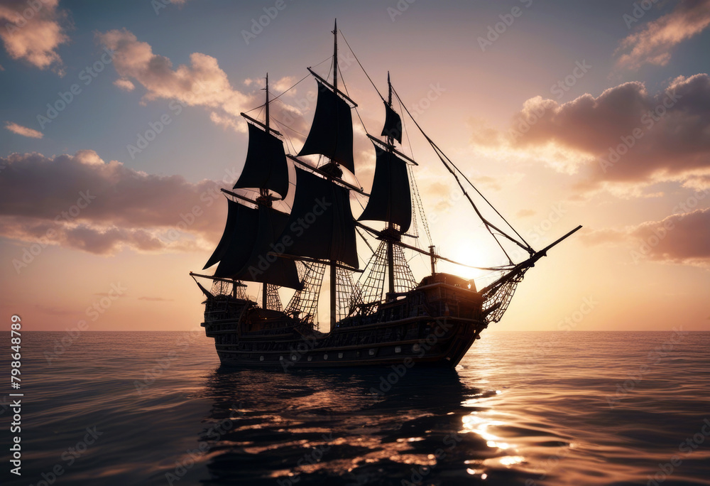 illustration 3d vintage ship rendering pirate black sunset sailing boat sailboat adventure background battle cannon captain cruise dark deck exploration fantasy fiction flag