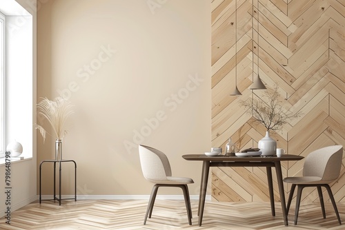 Luxurious Dining Room Panorama with Beige Wall  Wooden Herringbone Design  and Modern Furniture