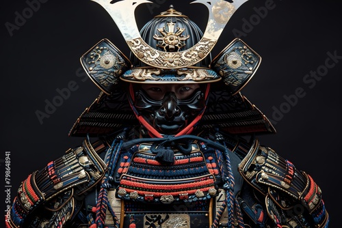 Immerse in the grandeur of a majestic Aerial view featuring a powerful Shogun in intricately detailed Samurai armor Against a striking black background, capture the essence of strength and tradition u