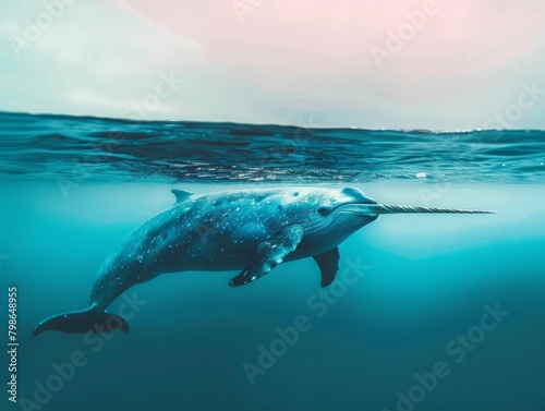 Under a bleached sky, a narwhal's silhouette pierces the surface in a hyperrealistic portrayal, wrapped in mystery. Seen from a trunk shot, this image fuses modern with the mystical, Neon teal, vivid