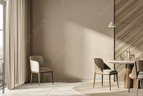 Modern Apartment Dining Room: Beige Herringbone Design, Empty Living Room Panorama, Luxurious Minimal Chair, Bright Lamp © Michael