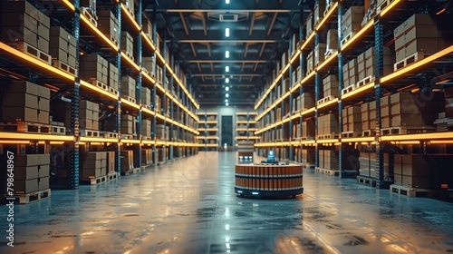Inside a vast, modern warehouse with automated robots transporting goods between high-stacked shelves under bright lights photo