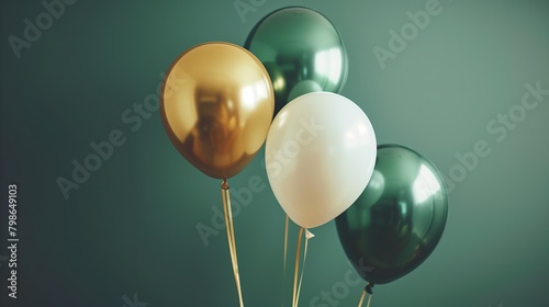 Happy birthday background with balloons in green, white, and gold themes. banner, celebration, greeting card, background. © AnyPic289