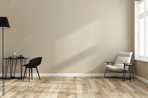 Minimalist Black and Wooden Dining Room with Luxurious Chair and Stylish Lamp