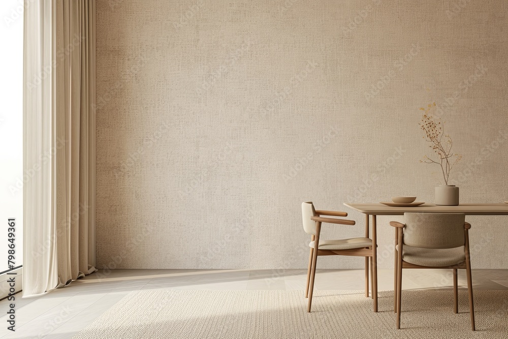 Minimalist Chic: Dining Room Table and Chairs in Modern Apartment with Textured Beige Walls Minimalist Chic: Dining Room Table and Chairs in Modern Apartment with Textured Beige Walls