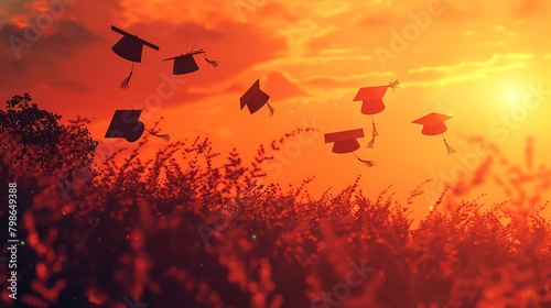 Minimalist style artwork of graduation symbols like caps flying in the air with a golden sunset behind, symbolizing achievement