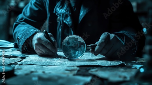 Noir-style image of a detective examining evidence at a dimly lit crime scene, magnifying glass in hand, focus on intricate details photo