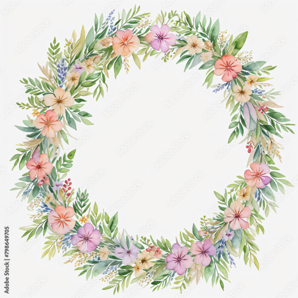 Watercolor Wildflower, Wildflower flower wreath laurel. Decoration for weddings, wedding design, wedding invitation, Mother's day card.