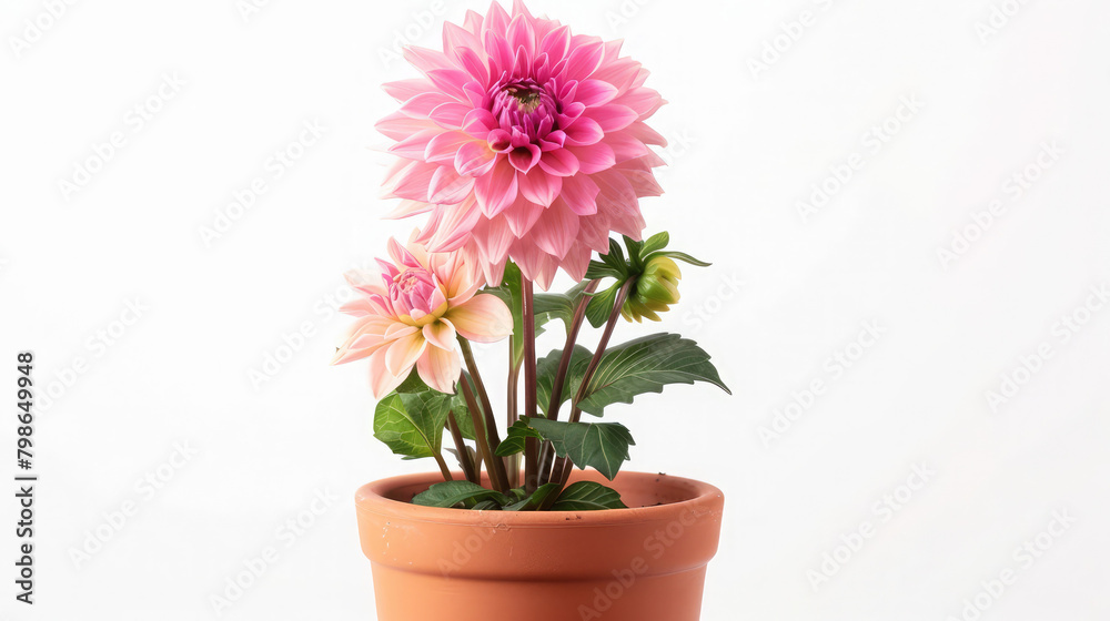 Dahlias, Flower, Wall-paper, Colour, Bouquet, Petals, Design, Beautiful, Colored Dahlia Flowers Plant in a pot Isolated on White Background ,Beauty bouquet pink flowers with green leaves
