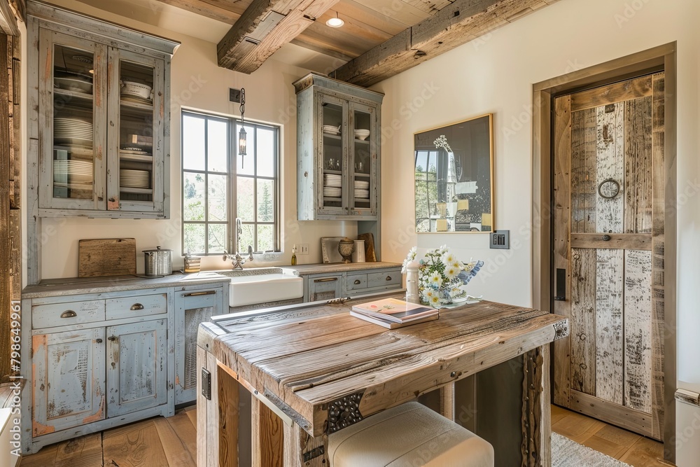 Old-Fashioned Kitchen Counter: A Light-Filled Wooden Desk in a Rustic Kitchen