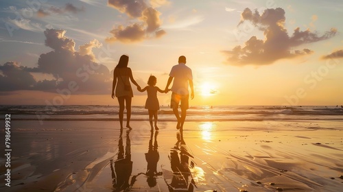 A family of mixed races walking hand in hand  their silhouettes cast on the beach at sunrise